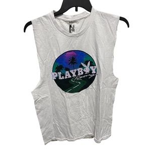 Playboy Racing White Cut Off Logo Tee Shirt